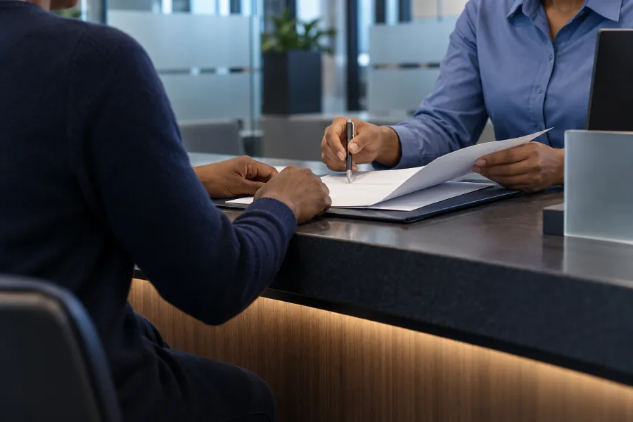 Illustrative bank-branch appointment, with a client and attendant reviewing documents across a service counter