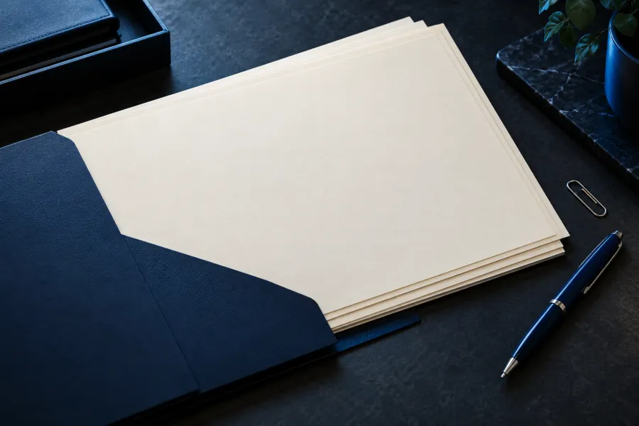Blank ivory documents neatly arranged in a navy folder with a pen and paper clip