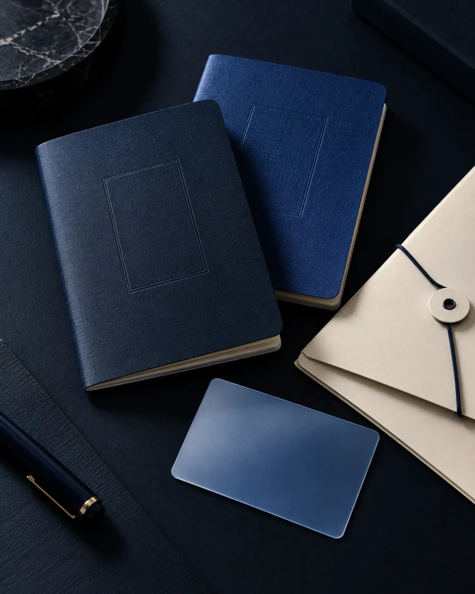 Generic navy travel booklets, a blank blue ID card and an ivory document folder on a dark desk