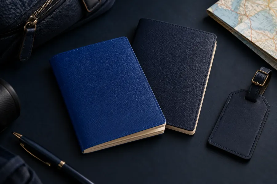 Two unmarked blue travel booklets beside a blank luggage tag and folded map