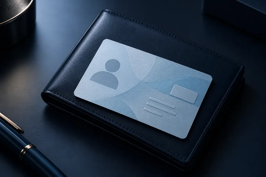 Fictional pale blue ID card with an abstract profile symbol on a navy document wallet